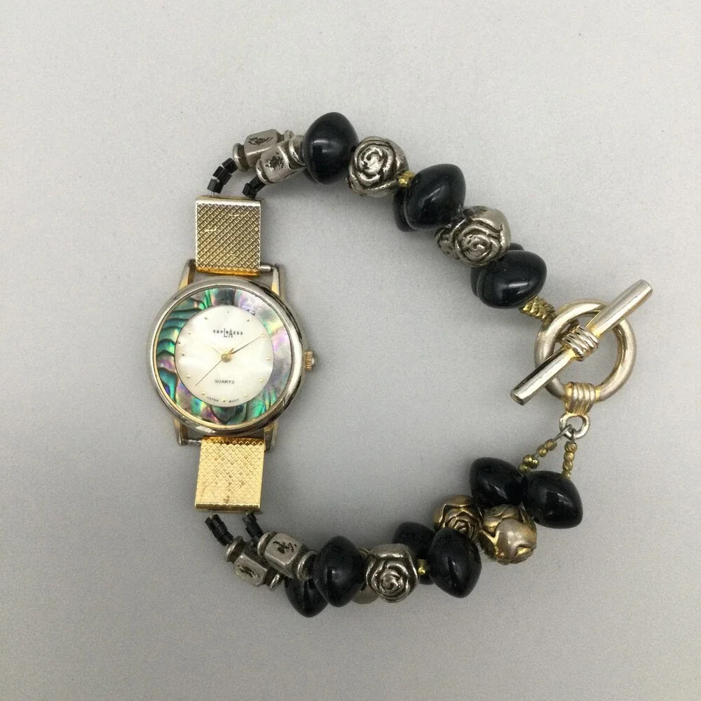 Express Womens Watch 27mm GMOP Abalone Black Bead Bracelet New Battery 8